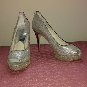 Michael Kors Silver Glitter York Platform Heels 7M